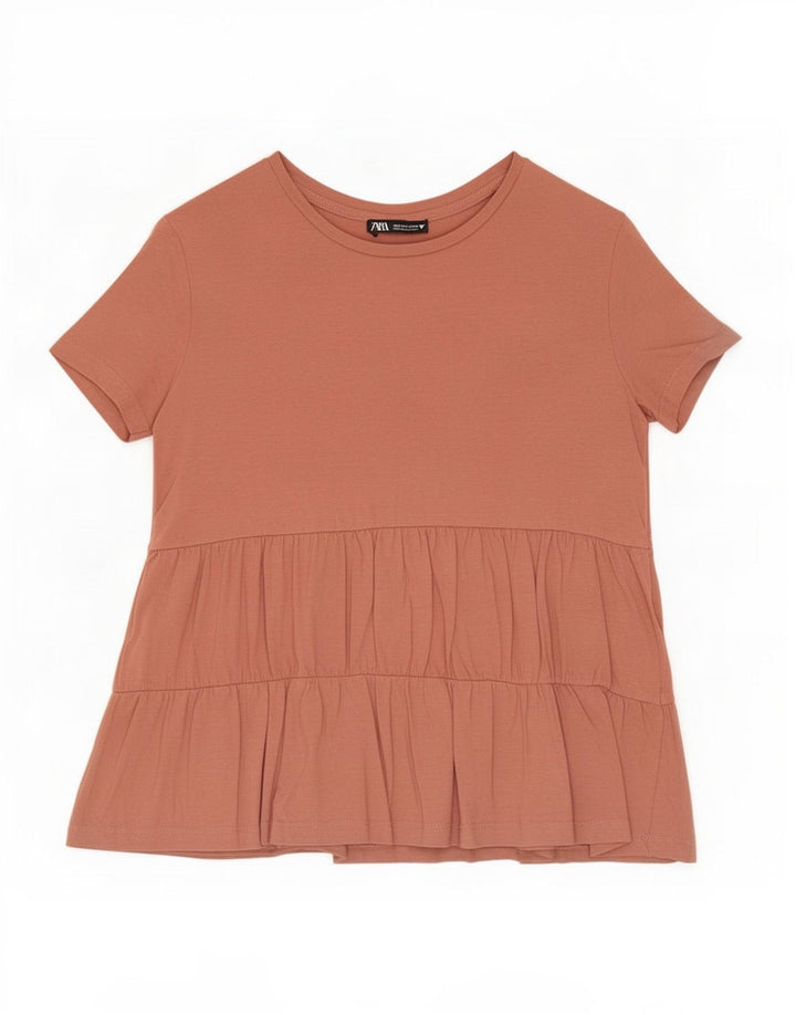 Zara Dame Kortærmet Bluse Top UK 10 Lille Brun