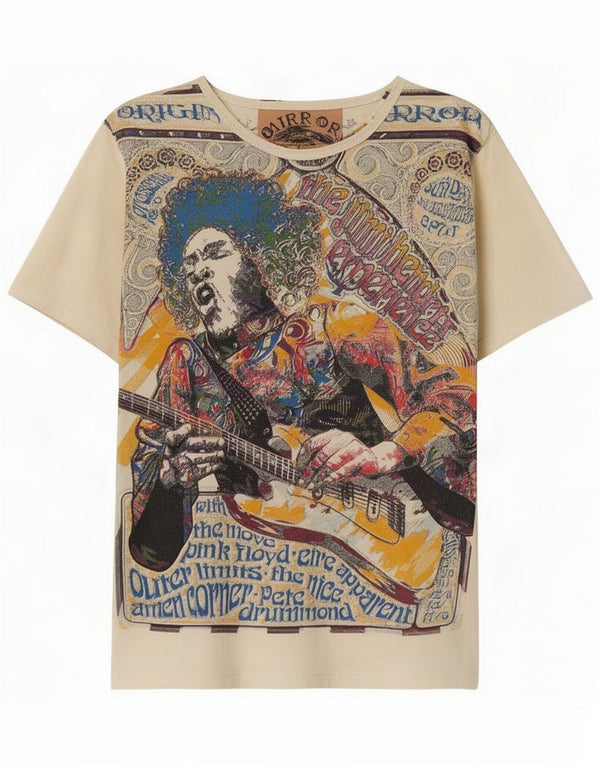 Mirror Herre Jimi Hendrix Grafisk T-shirt Top Medium Beige Cotton