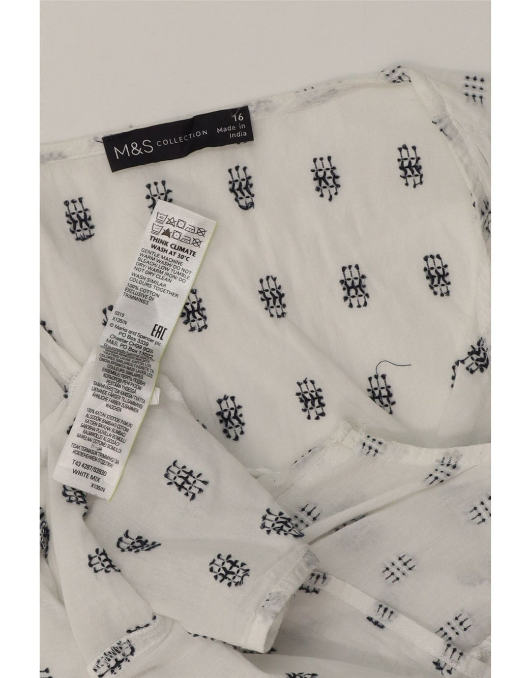 MARKS & SPENCER Dame ærmeløs bluse Top UK 16 Stor Hvid Geometrisk
