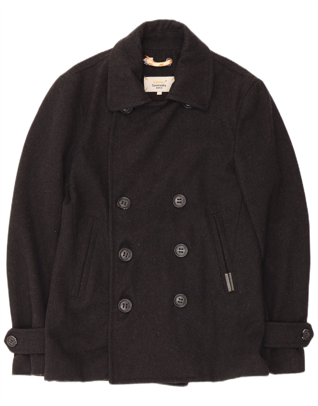 Superdry Men Pea Coat UK 38 Medium Black Wool
