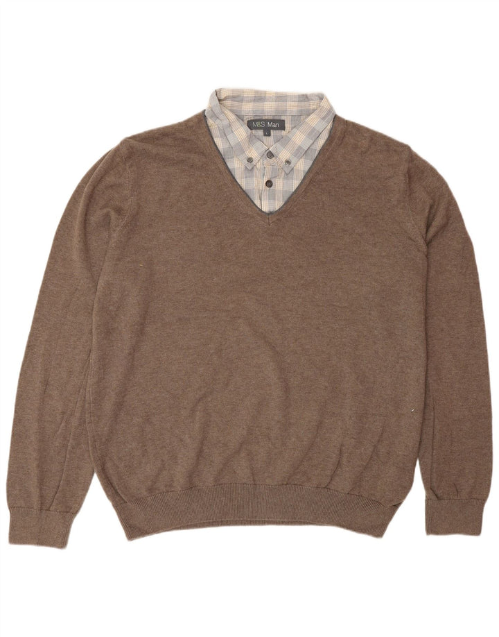 Marks & Spencer Herre Polo Neck Jumper Sweater Stor Brun Bomuld
