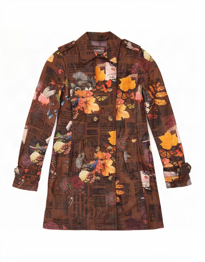 Desigual Graphic Trench Coat til kvinder EU 38 Medium Brown Floral Polyester