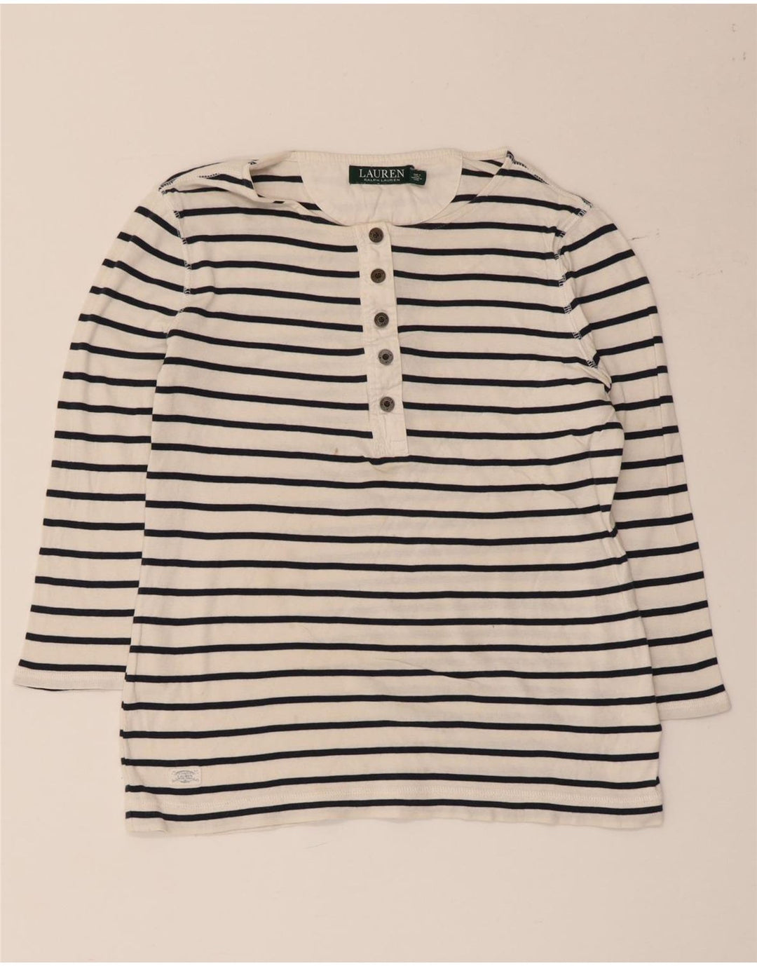 Ralph Lauren Dame Top 3/4 ærmer UK 12 Medium hvid stribet bomuld