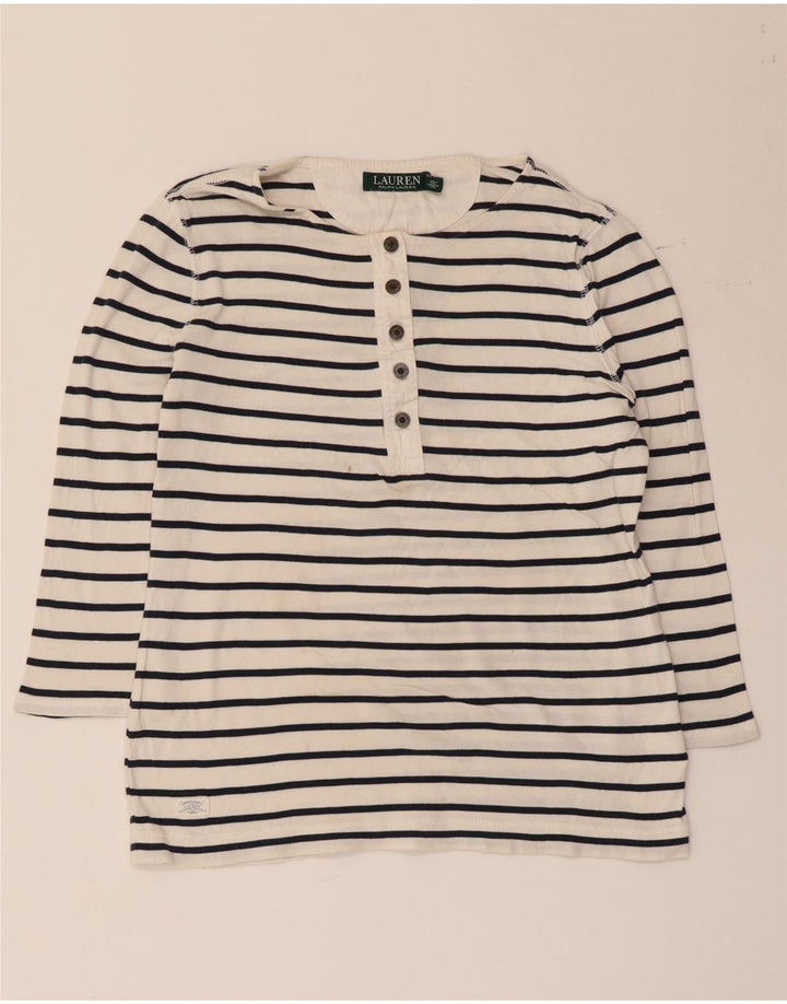 Ralph Lauren Dame Top 3/4 ærmer UK 12 Medium hvid stribet bomuld