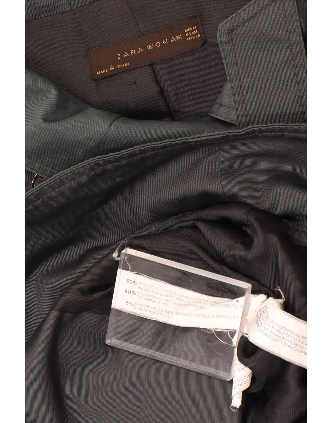 Zara Dame Kort Dobbeltradet Trench Coat UK 14 Medium Grå Bomuld