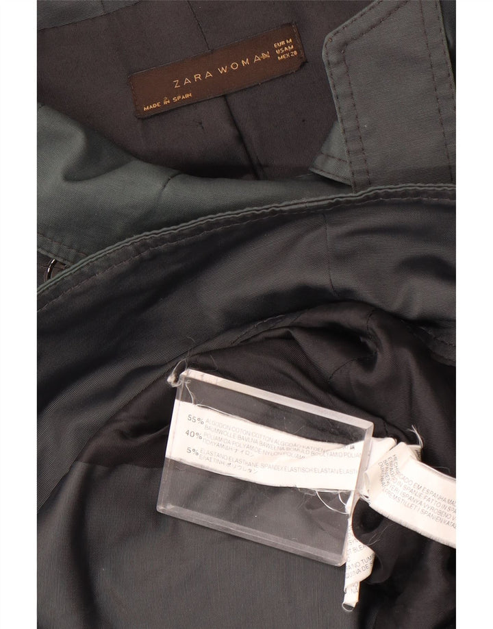 Zara Dame Kort Dobbeltradet Trench Coat UK 14 Medium Grå Bomuld