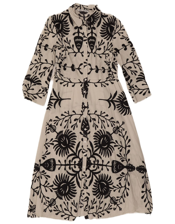 Zara Dame Langærmet Maxi Kjole UK 16 Large White Floral