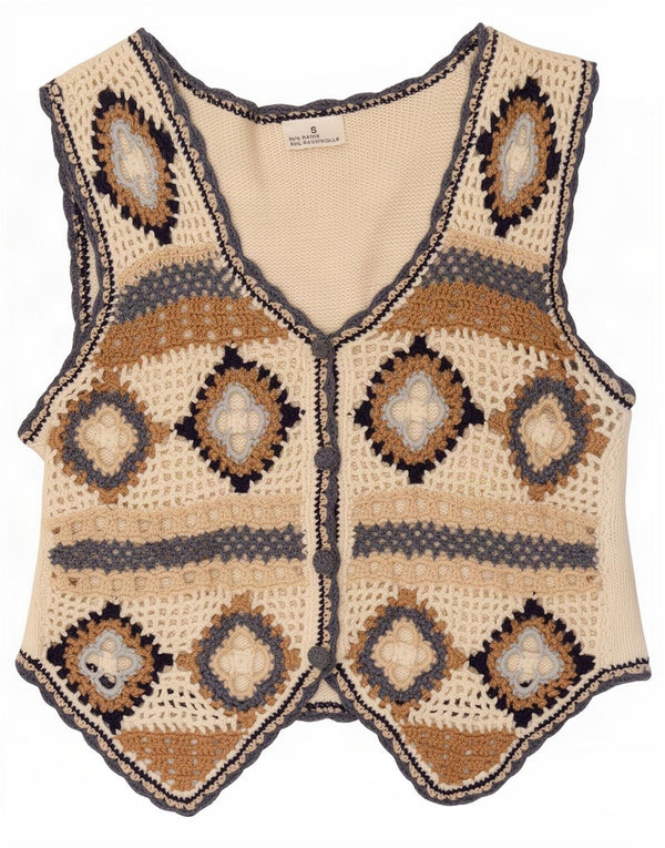 Vintage hæklet vest til kvinder UK 10 Small Off White Geometrisk Ramie