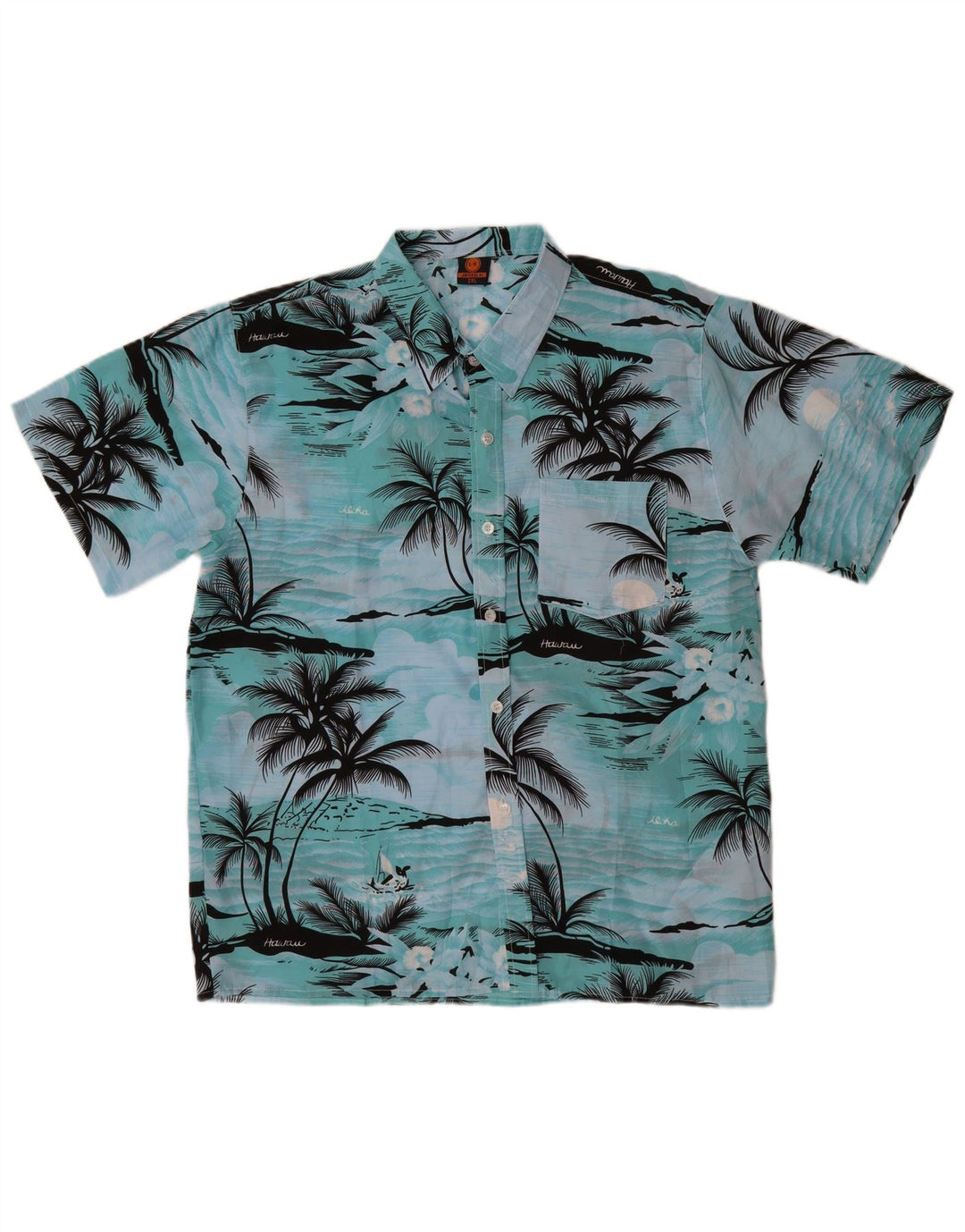 VINTAGE Kortærmet Herreskjorte 2XL Blå Polyester Hawaiian