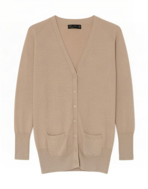Zara Dame Cardigan Sweater UK 10 Small Beige Bomuld