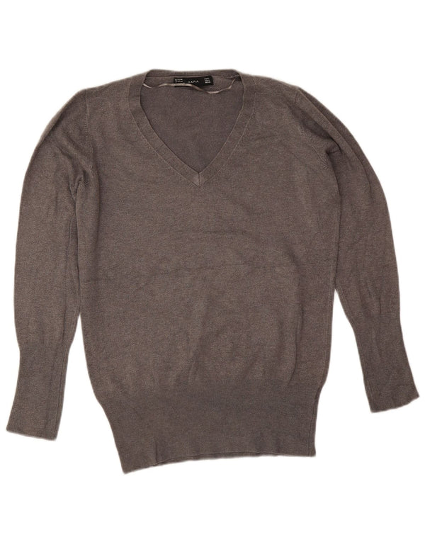 Zara Dame V-hals sweater UK 16 Stor grå Rayon
