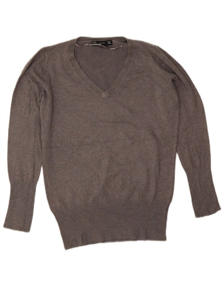Zara Dame V-hals sweater UK 16 Stor grå Rayon