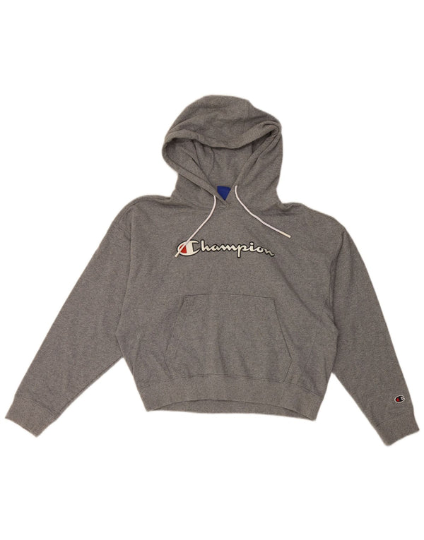Champion Dame Grafisk Crop Hoodie Jumper UK 14 Medium Grey Bomuld
