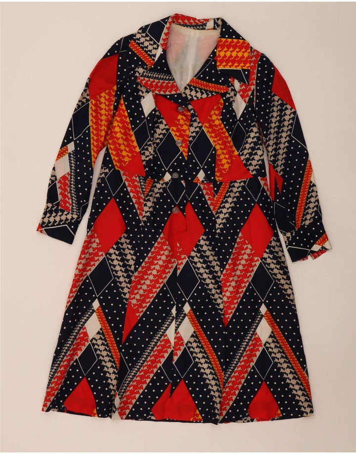 Vintage Dame A-Line Kjole UK 12 Medium Flerfarvet Geometrisk