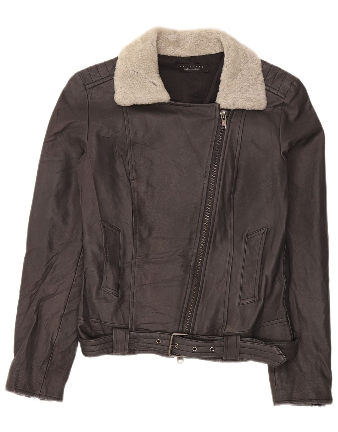 Simona Barbieri Dame Twin-Set Læder Biker Jacket UK 10 Small Black