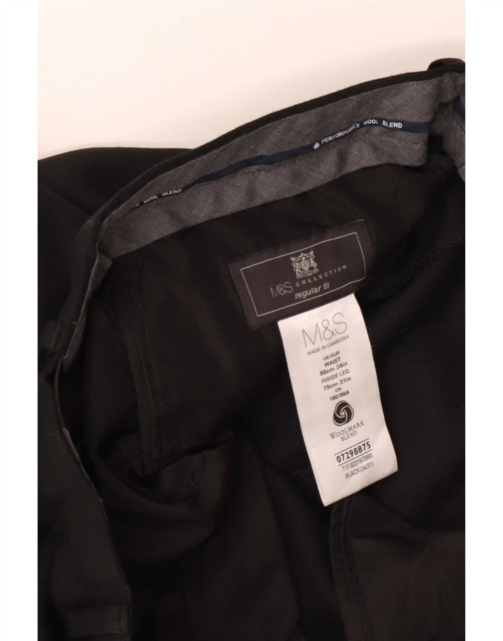 Marks & Spencer Herre Lige Regular Fit Suit Bukser W34 L31 Sort Uld