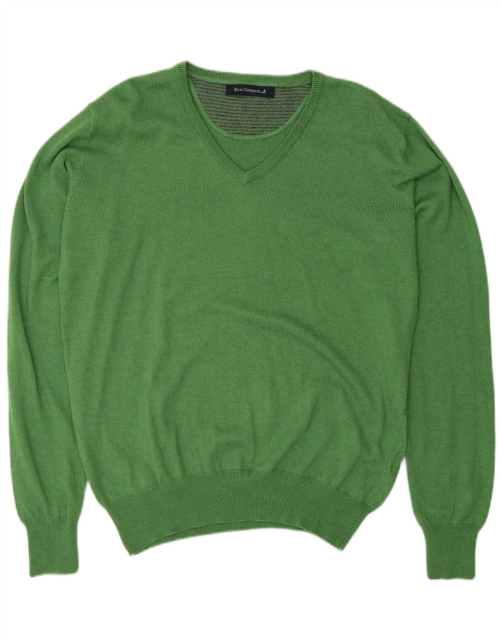 BEST COMPANY Mens V-Neck Jumper Sweater XL Green Polyamide