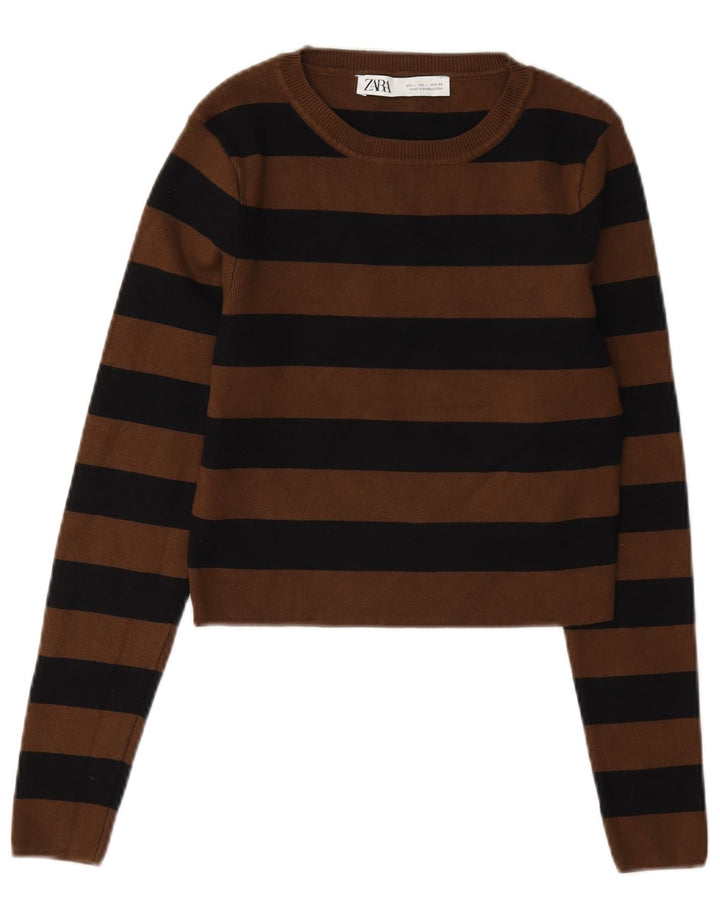 Zara Dame Crop Bluse Top UK 14 Stor Brun Stribet
