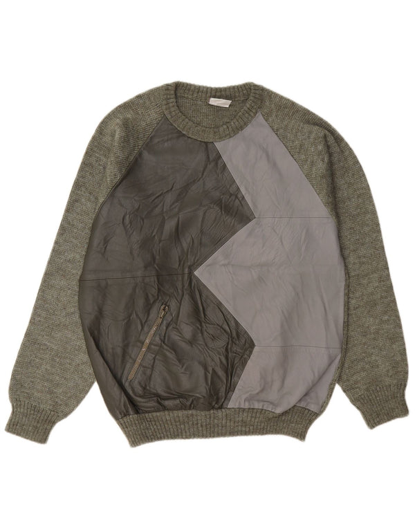 Marek Herre læder sweater med rund hals, lille Khaki Colourblock Uld