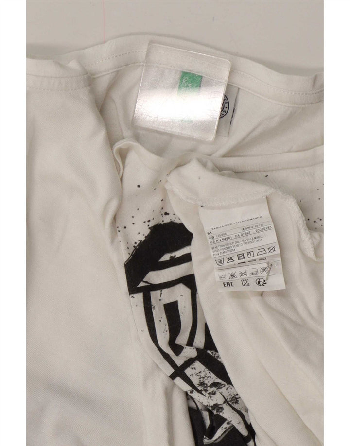 Benetton Dame Grafisk T-Shirt Top UK 14 Medium Hvid Bomuld