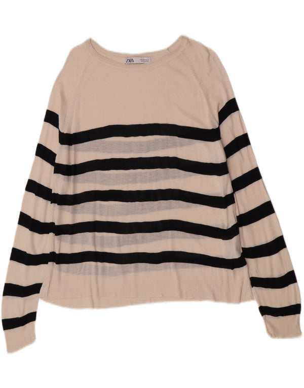 Zara Dame Boat Neck Jumper Sweater UK 14 Medium Off White Stribet viskose