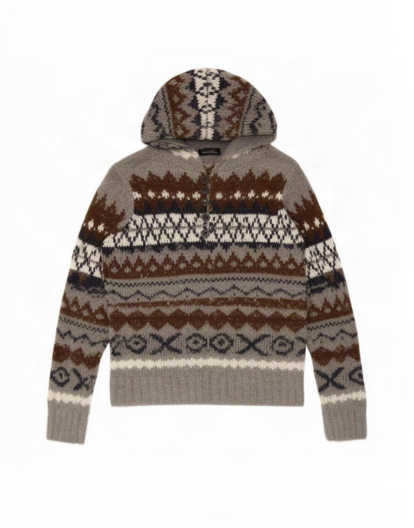 Zara Mens Hooded Jumper Sweater Medium Grey Fair Isle Acrylic