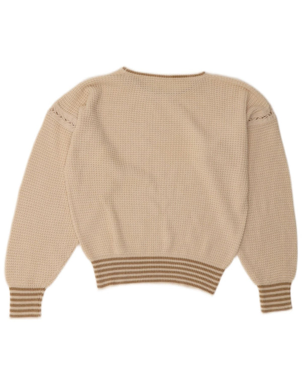 VINTAGE Womens Crop Jumper Sweater med rund hals DK 16 Stor Off White Stribet