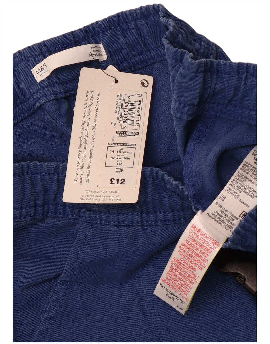 MARKS & SPENCER Cargo-shorts til drenge 14-15 år W28 blå bomuld