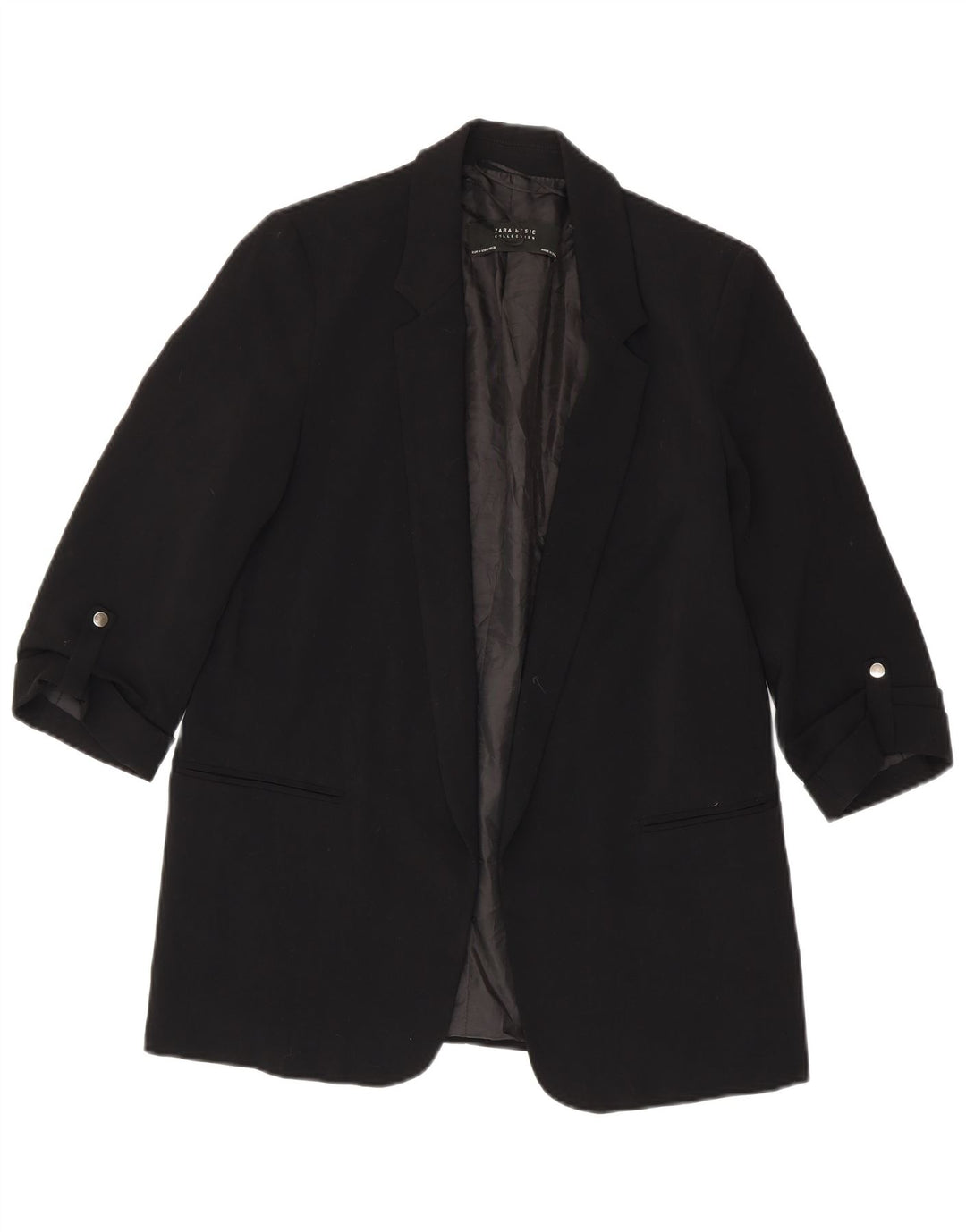 Zara Dame 3/4 ærmet åben blazerjakke UK 14 Medium Sort Polyester