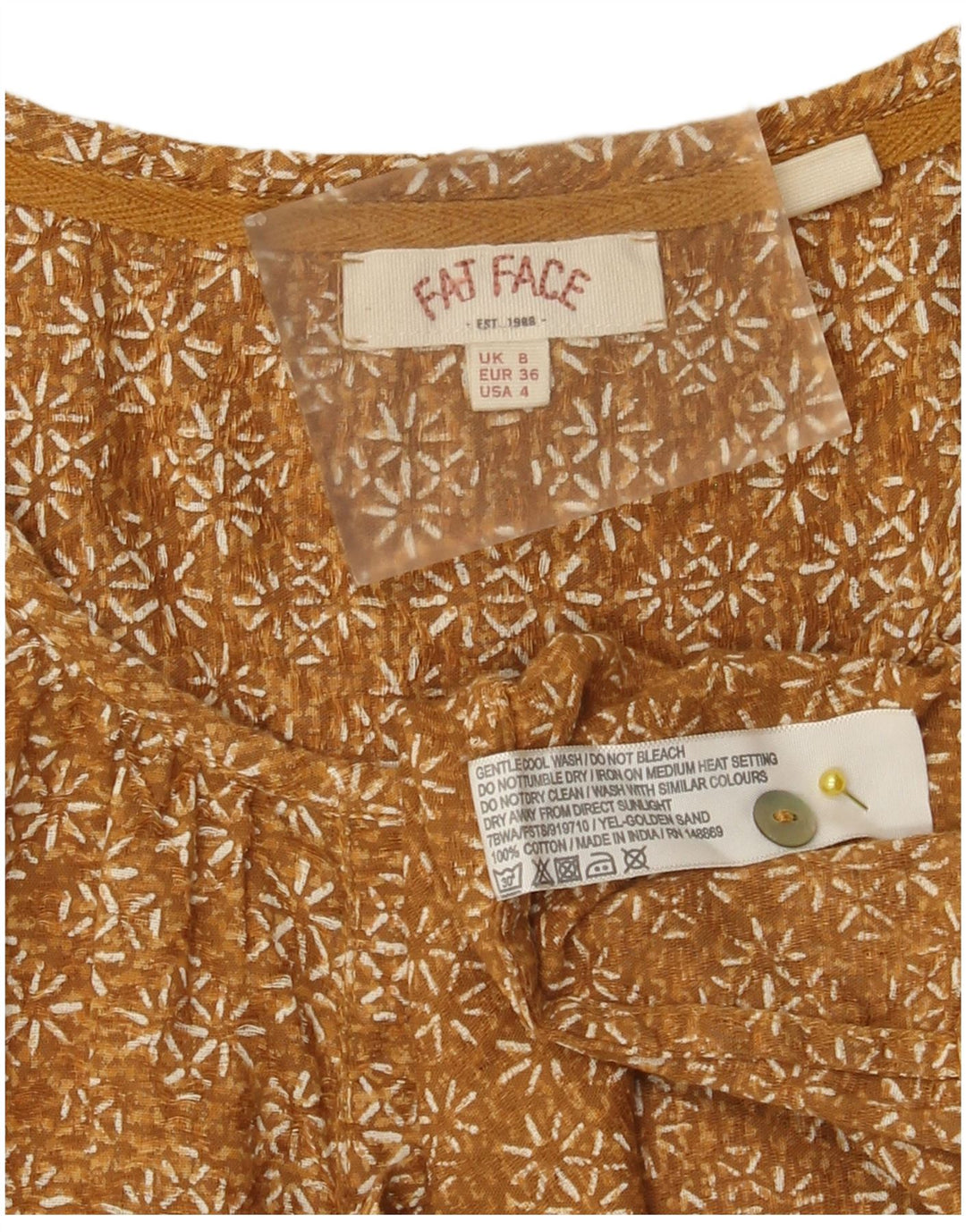 Fat Face Dame 3/4-ærmet Pullover Shirt UK 8 Small Brown Floral Cotton