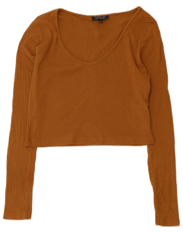 Zara Womens Crop Top Langærmet UK 10 Small Brown Bomuld