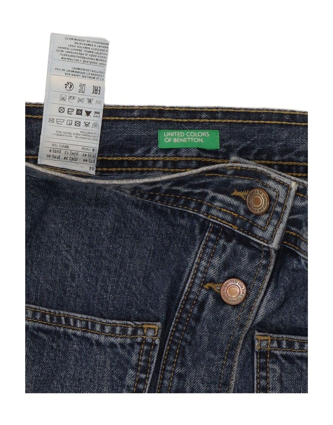 BENETTON Dame Denim Nederdel UK 12 Medium W30 Blå Bomuld