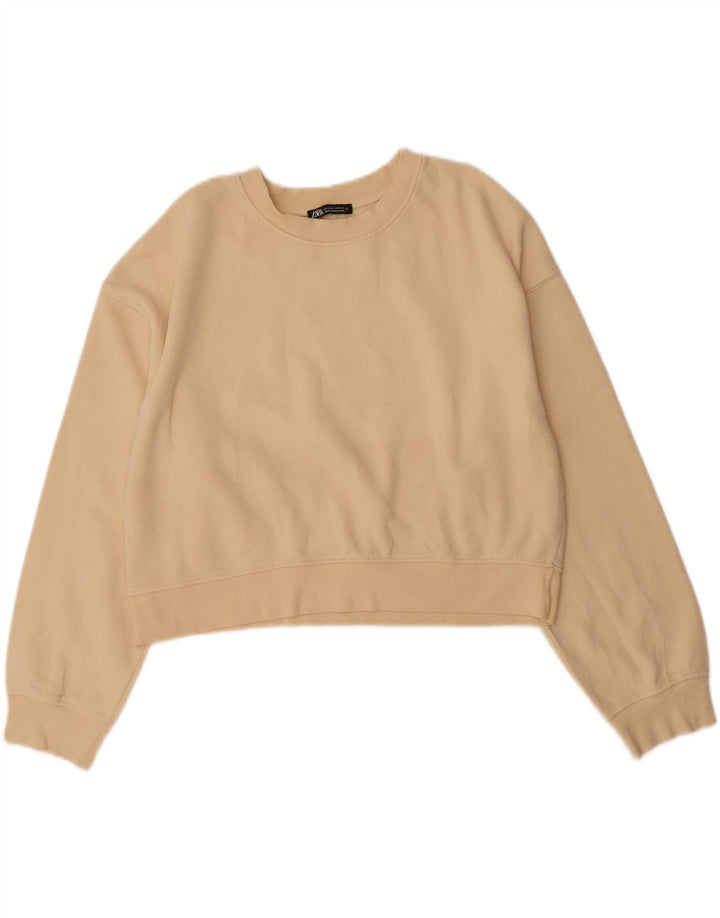 ZARA Womens Oversized Crop 3/4 Sleeve Sweatshirt Jumper UK 10 Small Beige Vintage Zara and Second-Hand Zara from Messina Hembry 