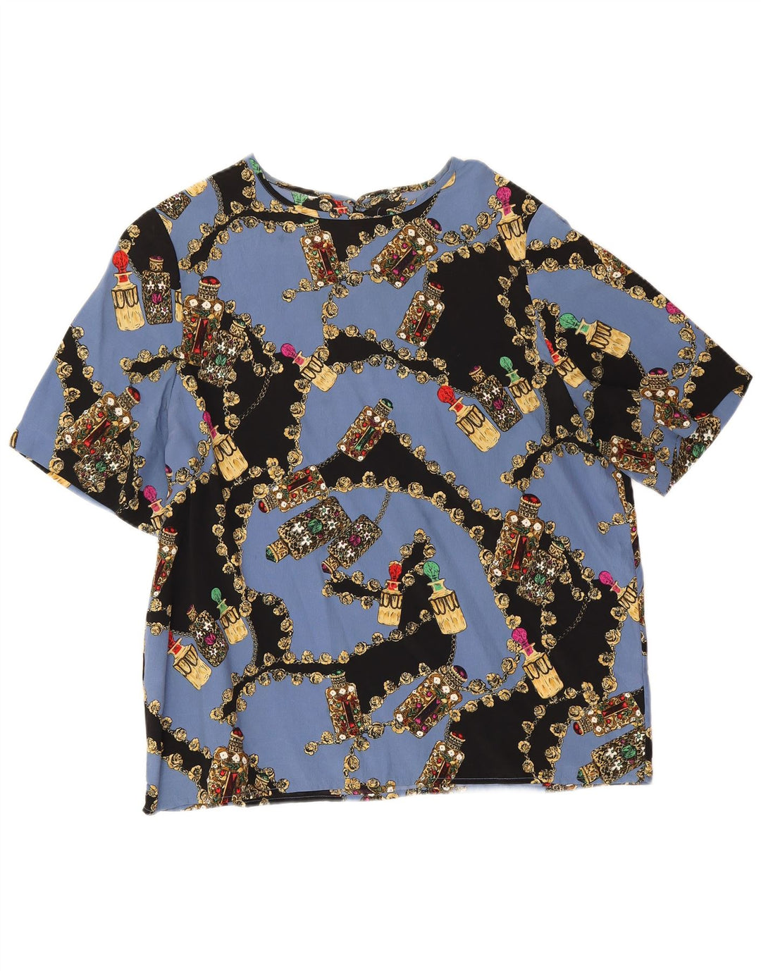 Vintage Dame Grafisk Bluse Top UK 14 Large Blue Floral