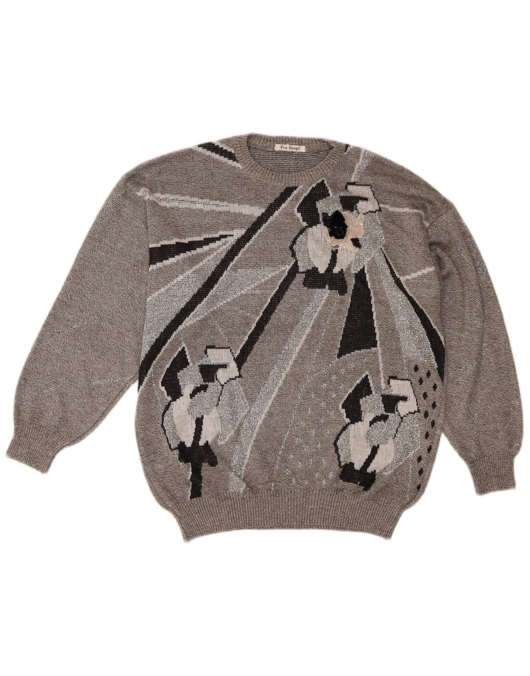 VINTAGE Womens Crew Neck Jumper Sweater UK 16 Large Grey Geometric