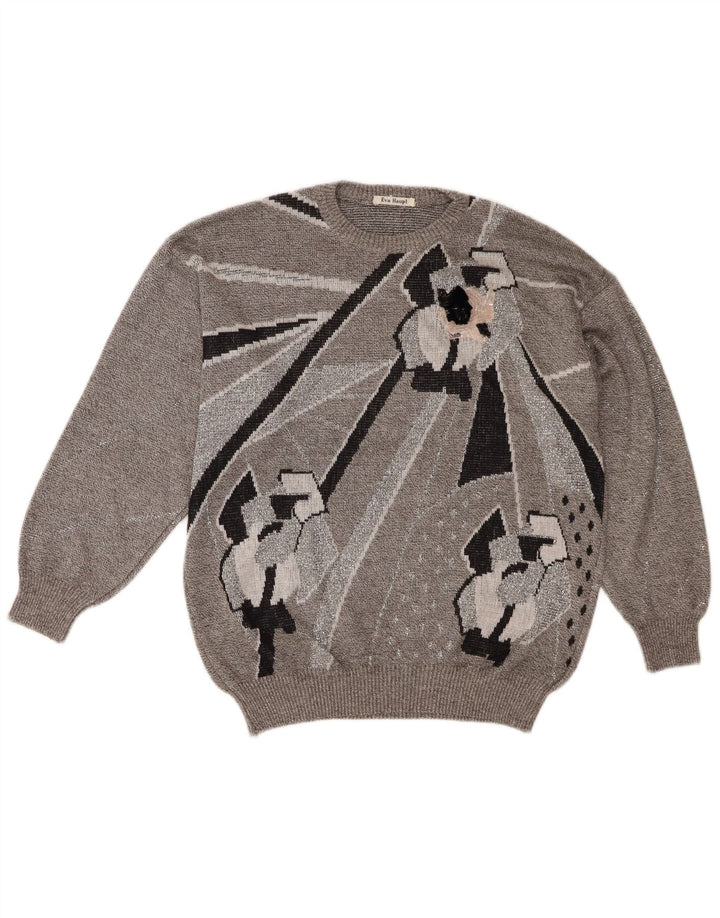 VINTAGE Womens Crew Neck Jumper Sweater UK 16 Large Grey Geometric