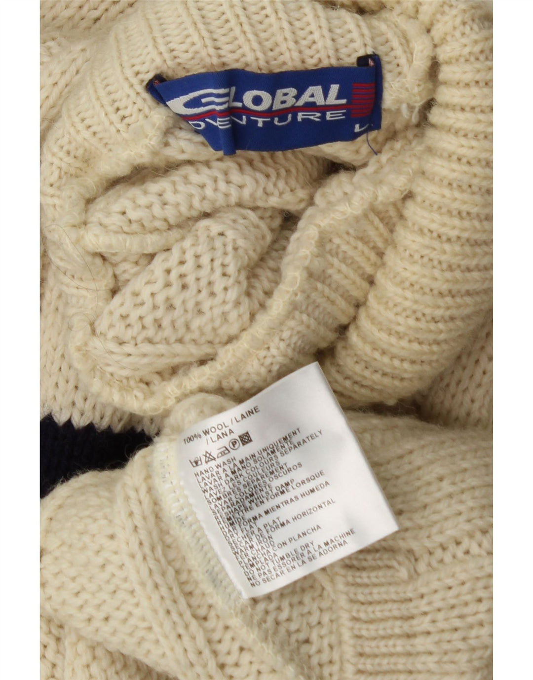 VINTAGE Herre Turtle Neck trøje Sweater Large Off White stribet uld