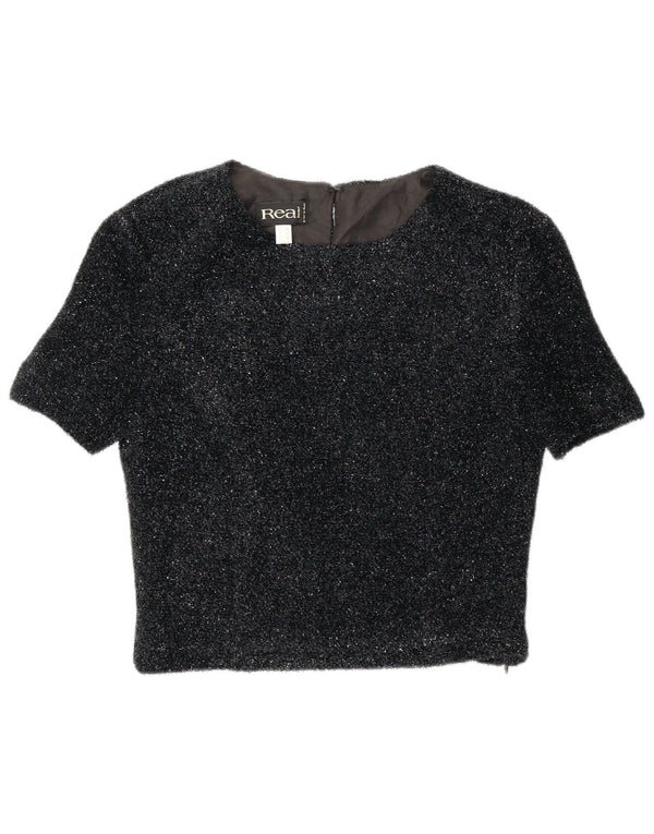 Vintage Womens Crop Bluse Top EU 42 Large Black Flecked Polyester