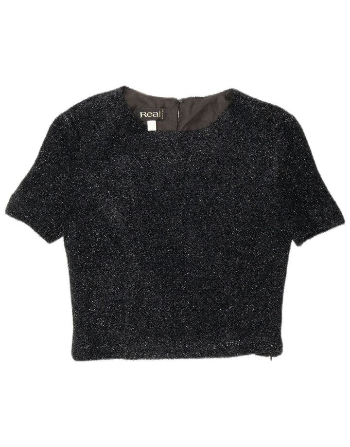 Vintage Womens Crop Bluse Top EU 42 Large Black Flecked Polyester