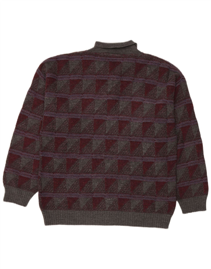 Vintage herre polo hals sweater stor grå geometrisk uld