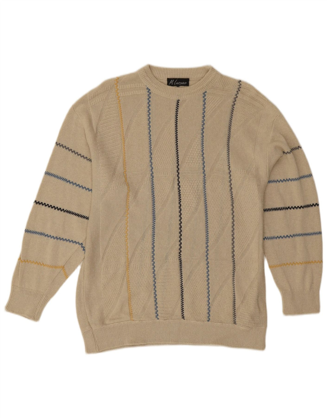 Vintage herre rund hals sweater store beige stribet