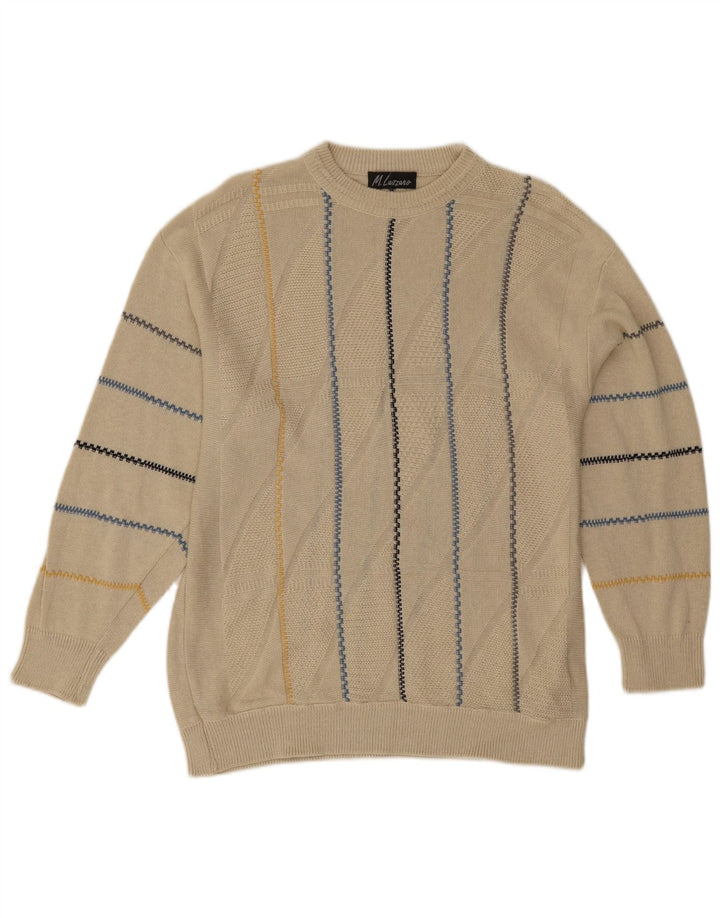 Vintage herre rund hals sweater store beige stribet