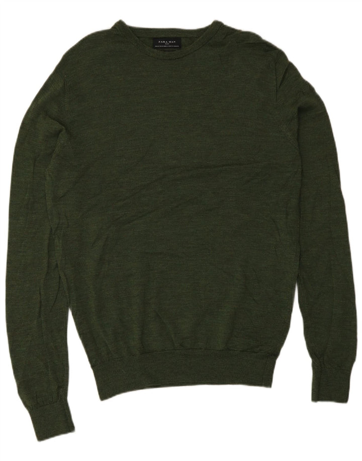 Zara Herre Boat Neck Jumper Sweater Medium Green Wool