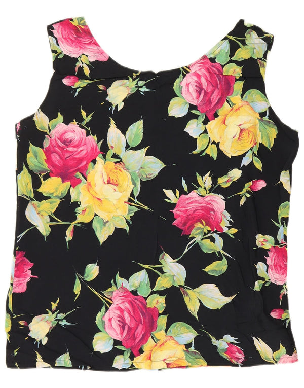 Vintage kvinders ærmeløs bluse Top UK 16 Large Black Floral