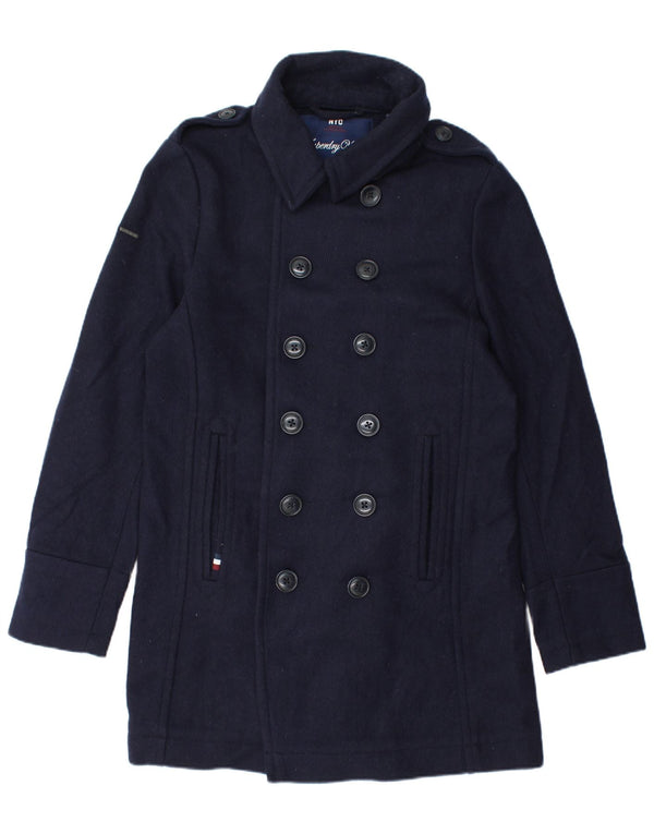 Superdry Herre Military Pea Coat UK 42 XL Navy Blue Chevron Wool