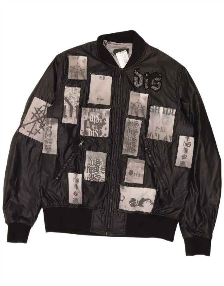 Vintage Herre Bomber Graphic Waxed Jacket UK 38 Medium Black Patchwork