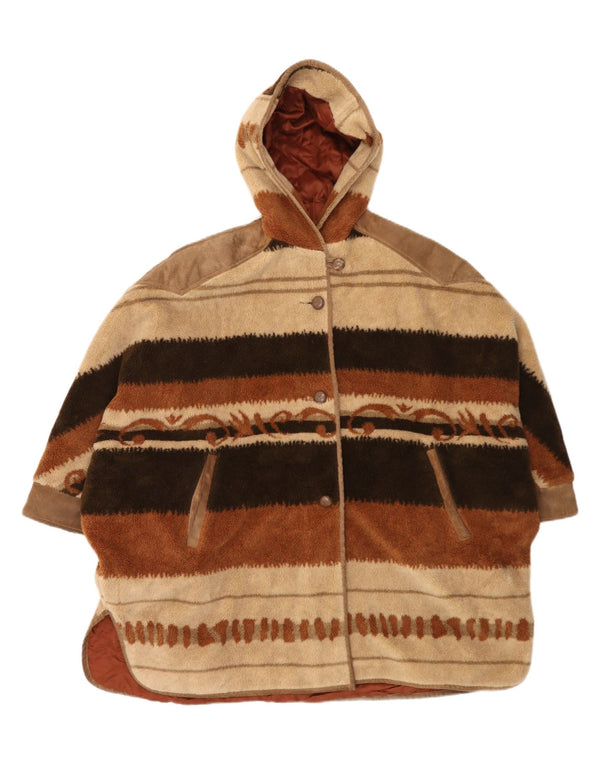 Vintage fleeceoverfrakke til kvinder med hætte UK 22 3XL Brun Colourblock