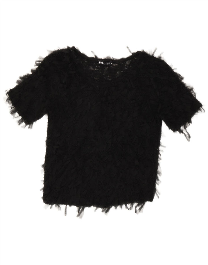 Zara Womens Crop See Through Bluse Top UK 8 Small Black