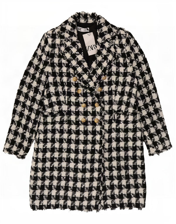 Zara Womens Double Breasted Coat UK 18 XL Black Houndstooth Polyester