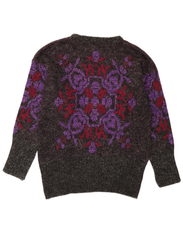 Vintage Womens Boat Neck Jumper Sweater UK 14 Medium Grey Floral Wool